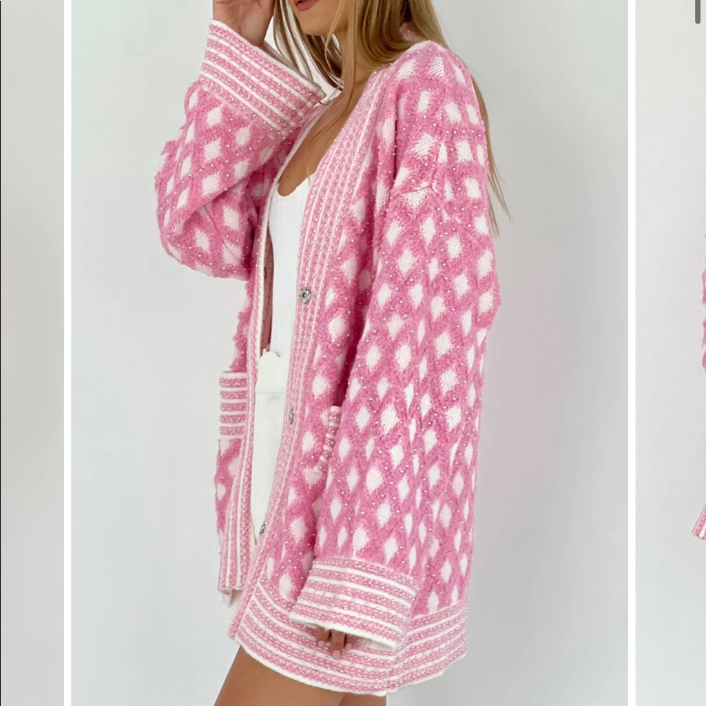 Pearl Trim Oversized Pink Cardigan